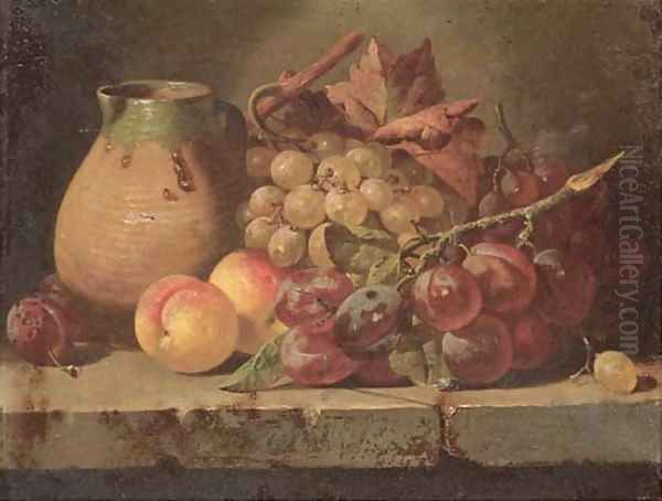 Grapes, plums, and peaches with a jug on a ledge Oil Painting by Charles Thomas Bale