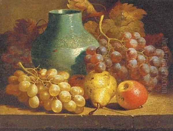 Apples, grapes, a pear and a blue jug on a table Oil Painting by Charles Thomas Bale