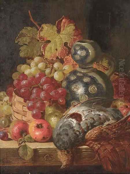 Fruit and game on a ledge Oil Painting by Charles Thomas Bale