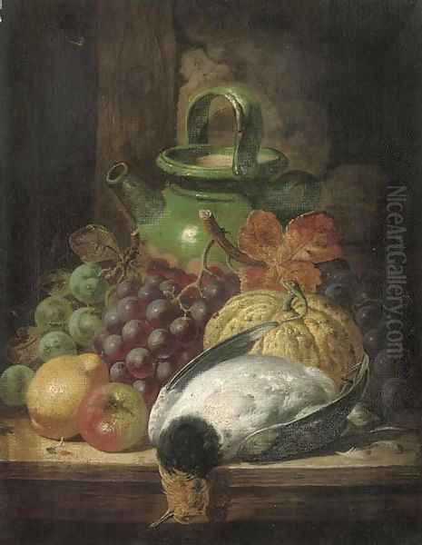 Grapes, a pumpkin, apple, pear, pigeon and pot, on a table Oil Painting by Charles Thomas Bale