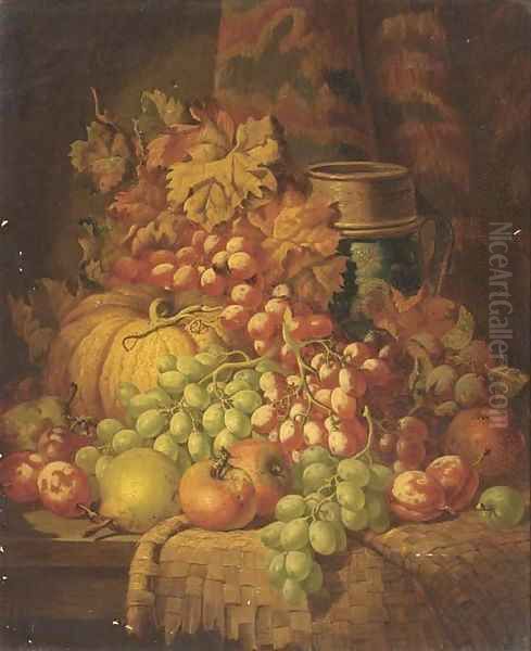 Grapes, apples, pears, plums, a gourd, and a stoneware tankard, on a ledge Oil Painting by Charles Thomas Bale