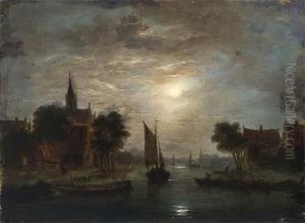 Moonlit Riverlandscape Oil Painting by Jacobus Theodorus Abels