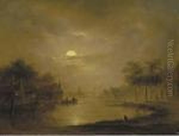 A Moonlit River Landscape Oil Painting by Jacobus Theodorus Abels