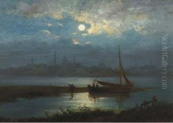 A Moonlit Riverlandscape With A Town In The Distance Oil Painting by Jacobus Theodorus Abels