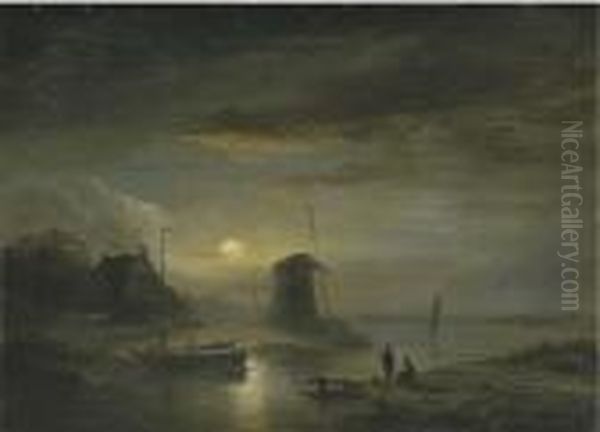 A Moonlit River Landscape Oil Painting by Jacobus Theodorus Abels