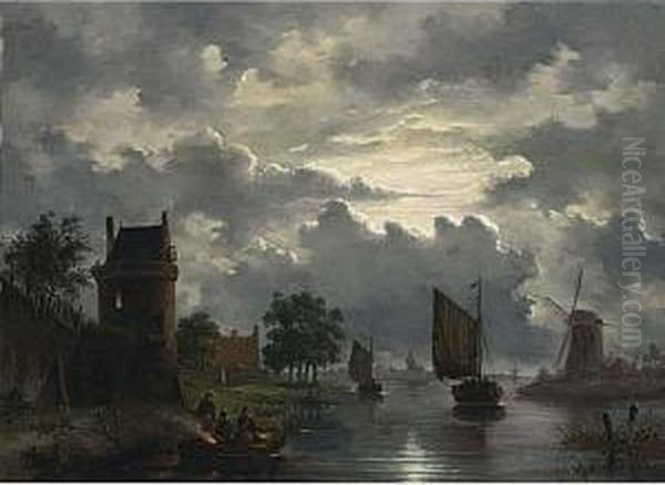 An Evening Landscape Oil Painting by Jacobus Theodorus Abels