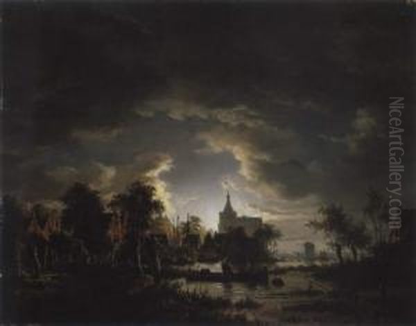 Flusslandschaft Bei Mondlicht Oil Painting by Jacobus Theodorus Abels