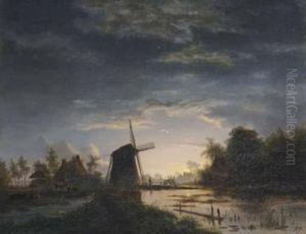 The Moon Rising Over A Windmill And Cottages Near A Marsh Oil Painting by Jacobus Theodorus Abels