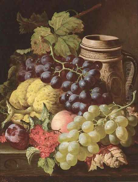 Grapes, redcurrants, plums, a peach, a gourd, and a stoneware tankard, on a wooden ledge Oil Painting by Charles Thomas Bale