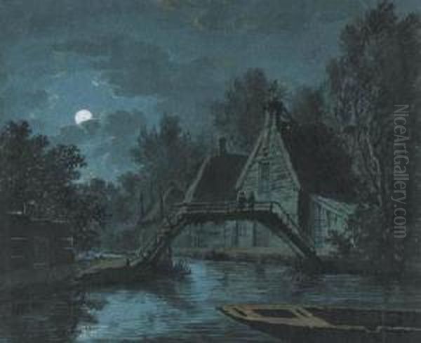 A Farm By A Canal In Moonlight With Figures On A Bridge Oil Painting by Jacobus Theodorus Abels