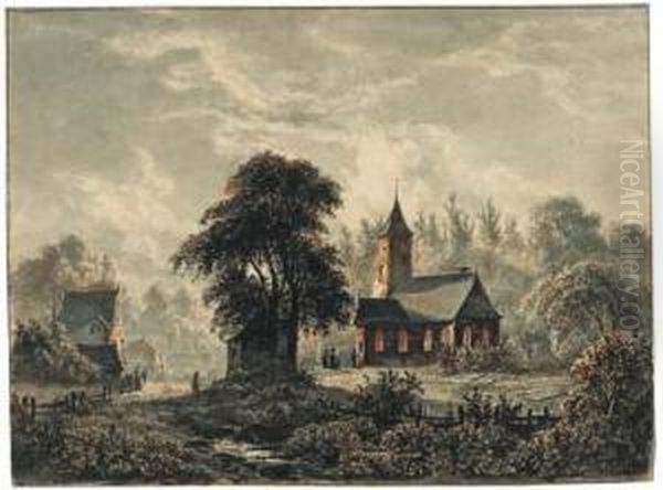 A Church In Moonlight With Figures By The Entrance Oil Painting by Jacobus Theodorus Abels