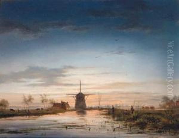 Anglers Beside A Canal With A Windmill Beyond Oil Painting by Jacobus Theodorus Abels