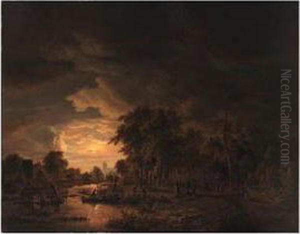 A Moonlit Wooded River Landscape With A Church In Thedistance Oil Painting by Jacobus Theodorus Abels