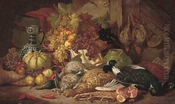 Dead game, fruit, a vase and ewer in a timbered interior Oil Painting by Charles Thomas Bale