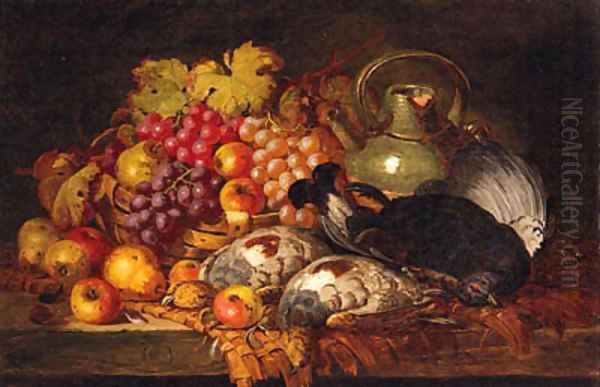 Grapes, Apples, Pears, Dead Game, A Wicker Basket And Stoneware Jug, On A Wooden Ledge Oil Painting by Charles Thomas Bale