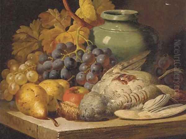 Grapes, pears, an apple, a jug and game on a shelf Oil Painting by Charles Thomas Bale