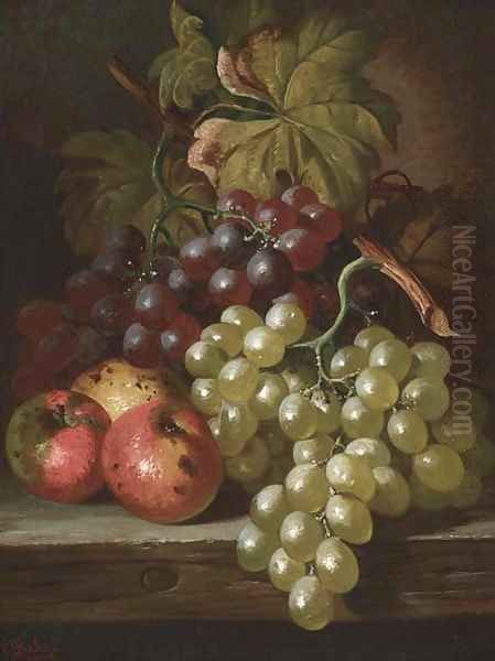 Grapes and apples on a wooden ledge Oil Painting by Charles Thomas Bale