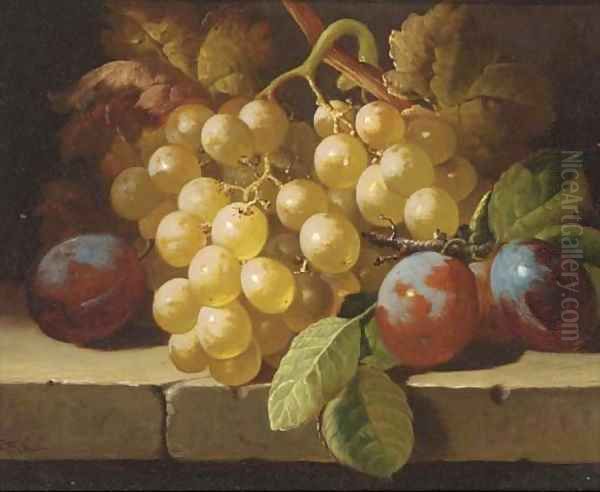 Grapes and plums on a stone ledge Oil Painting by Charles Thomas Bale