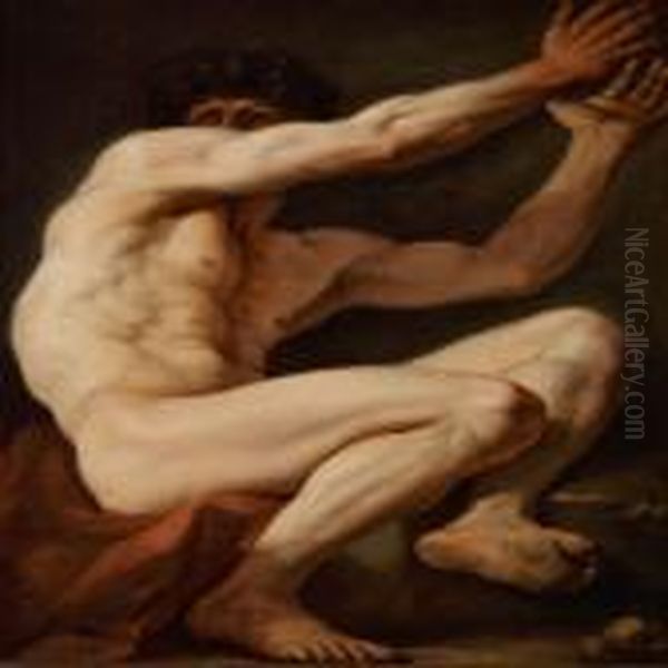 Sitting Male Nude With The Face Partly Covered By His Raised Arms Oil Painting by Nicolas-Abraham Abilgaard