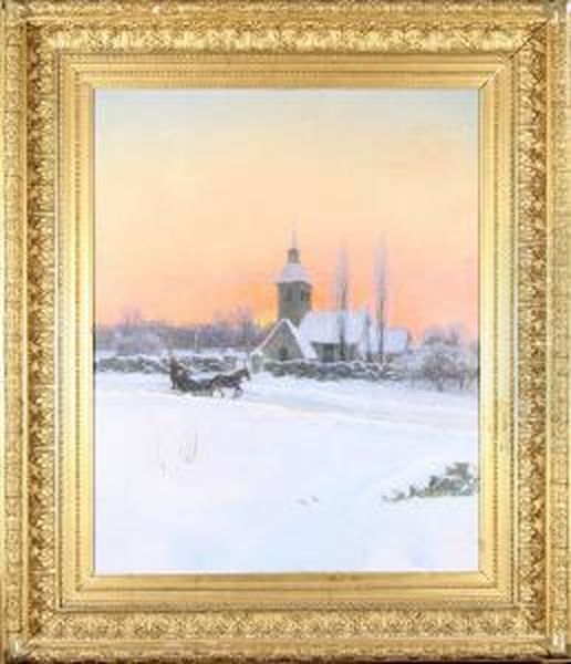 Vinterlandskap Med Kyrka Och Sladekipage Oil Painting by Erik Abrahamsson