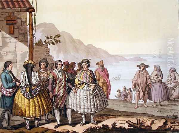 Men and women in elaborate costume, Chile, from 'Le Costume Ancien et Moderne' Oil Painting by G. Bramati