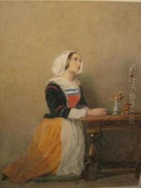 Young Woman Kneeling In Prayer At An Oak Table Oil Painting by John Absolon