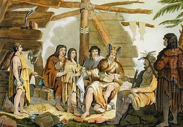 Indians trading with La Perouse in Canada Oil Painting by G. Bramati