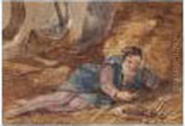 A Boy Resting; Lovers Conversing With A Traveller Oil Painting by John Absolon