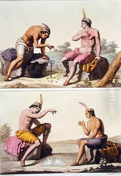 Indians playing Queciu (top) and Porotos (bottom), Chile, from 'Le Costume Ancien et Moderne' Oil Painting by G. Bramati