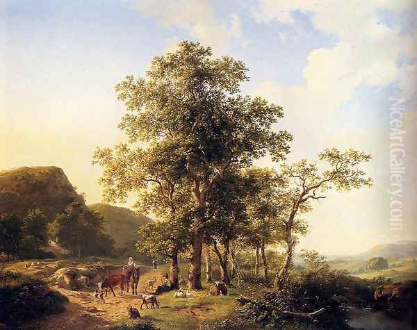 Wooded landscape with peasants and animals Oil Painting by Hendrikus van den Sande Bakhuyzen