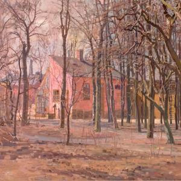 Red Houses Behind Trees (the Artist's Studio?) Oil Painting by Georg Nicolaj Achen