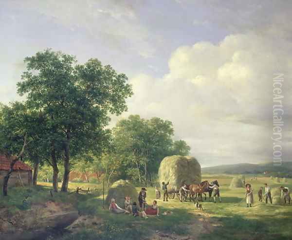 Wooded landscape with haymakers Oil Painting by Hendrikus van den Sande Bakhuyzen