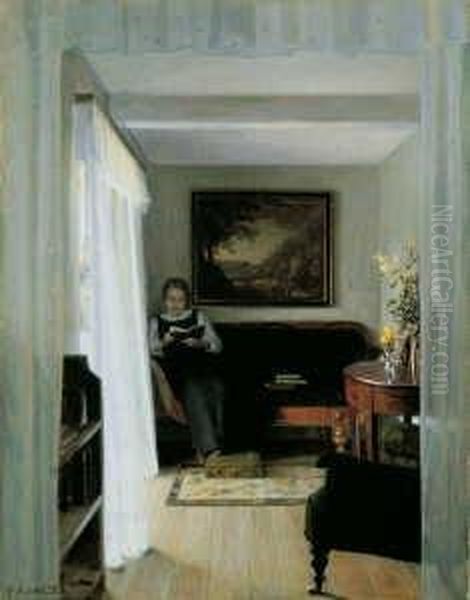 Interieur Mit Lesender Frau Oil Painting by Georg Nicolaj Achen