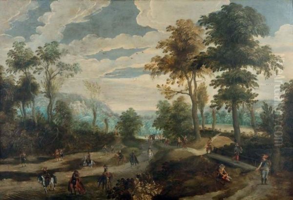 Voyageurs Et Convoi Dans Un Paysage Oil Painting by Lucas Achtschellinck