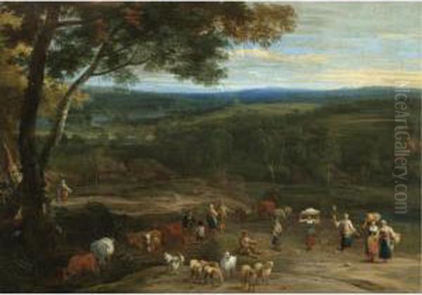 An Extensive Landscape With 
Figures On High Ground Passing A Herdsman Grazing His Cattle And Sheep Oil Painting by Lucas Achtschellinck