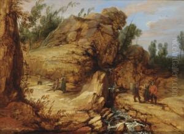 A Rocky River Landscape With Travellers In The Foreground Oil Painting by Lucas Achtschellinck