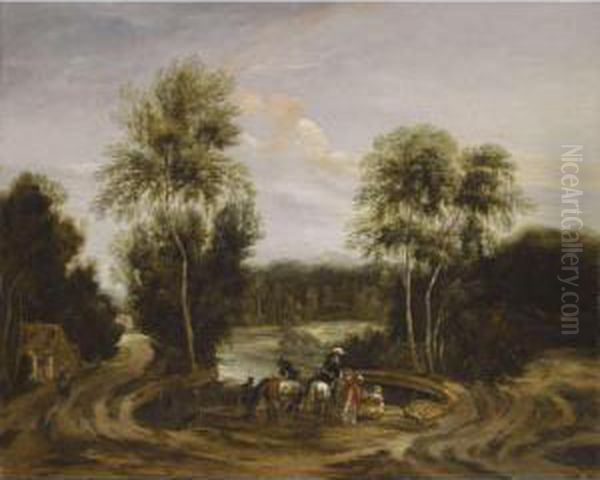 A Wooded Landscape With An Elegant Hunting Party Beside A Lake Oil Painting by Lucas Achtschellinck