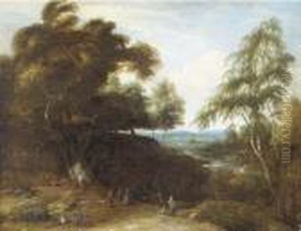 A Wooded Landscape With Figures And Dogs In A Clearing Oil Painting by Lucas Achtschellinck