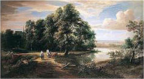 An Extensive River Landscape With Travellers And A Priest Near A Chateau Oil Painting by Lucas Achtschellinck