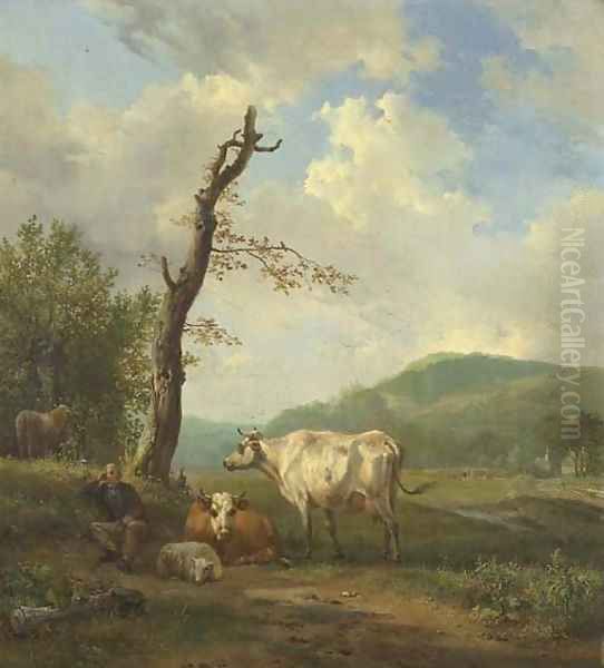 A hilly landscape with a shepherd and his flock resting by a tree Oil Painting by Hendrikus van den Sande Bakhuyzen