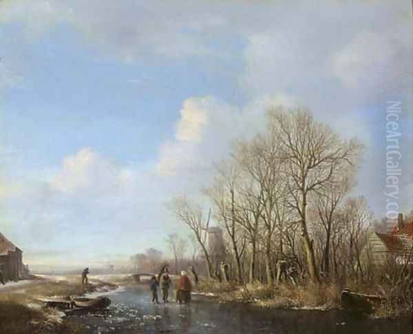 Woodgatherers on a frozen stream Oil Painting by Hendrikus van den Sande Bakhuyzen