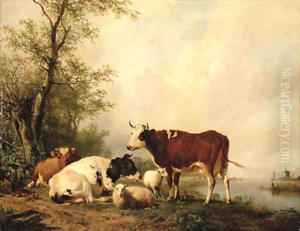 Cattle in a river landscape Oil Painting by Hendrikus van den Sande Bakhuyzen