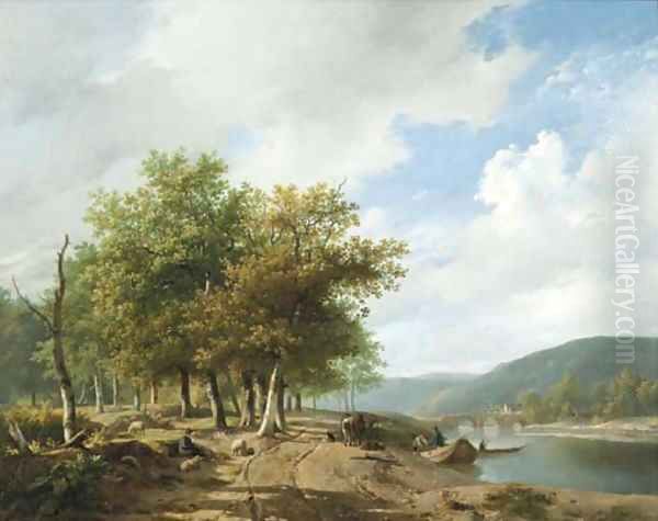 Daily activities along a river in a hilly landscape Oil Painting by Hendrikus van den Sande Bakhuyzen