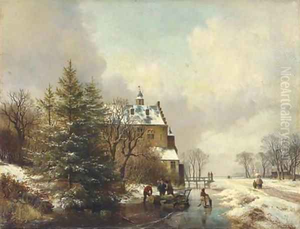 Gathering timber on the ice by a country house Oil Painting by Hendrikus van den Sande Bakhuyzen