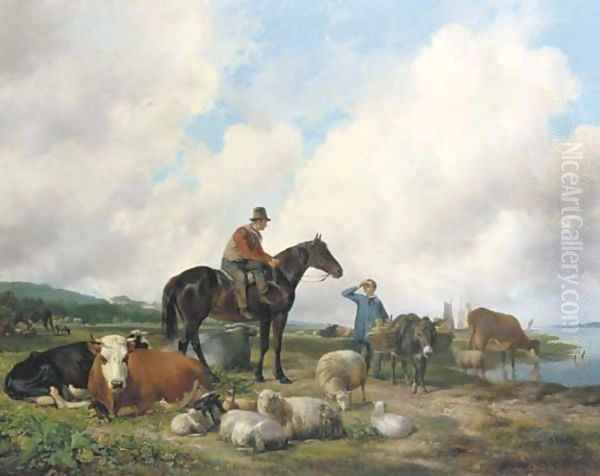 Oosterbeeks paard a farmer on horseback amongst his cattle Oil Painting by Hendrikus van den Sande Bakhuyzen