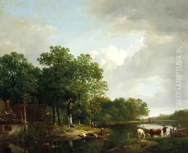 Summer idyl a riverlandscape in summer Oil Painting by Hendrikus van den Sande Bakhuyzen