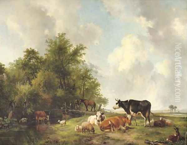 Cattle on the edge of a forest in an extensive sunlit landscape Oil Painting by Hendrikus van den Sande Bakhuyzen