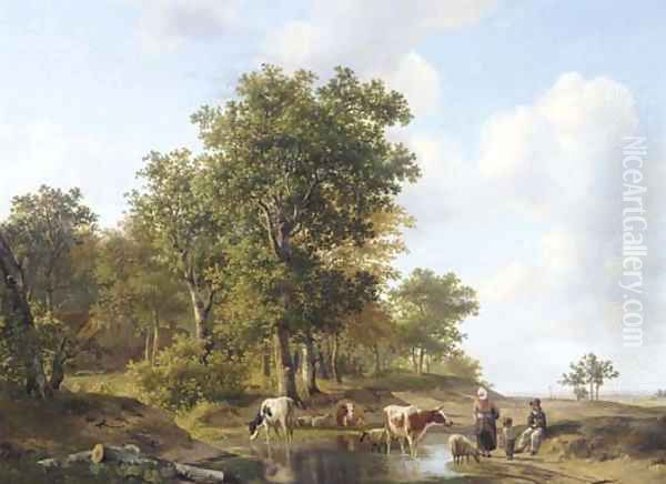 Peasants conversing at the edge of a forest on a sunny day Oil Painting by Hendrikus van den Sande Bakhuyzen