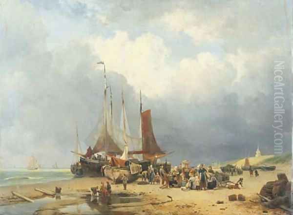 Sorting the catch on the beach of Scheveningen Oil Painting by Hendrikus van den Sande Bakhuyzen