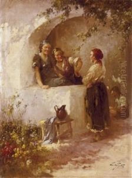 Girls On Sunlit Balcony Oil Painting by Agoston Acs